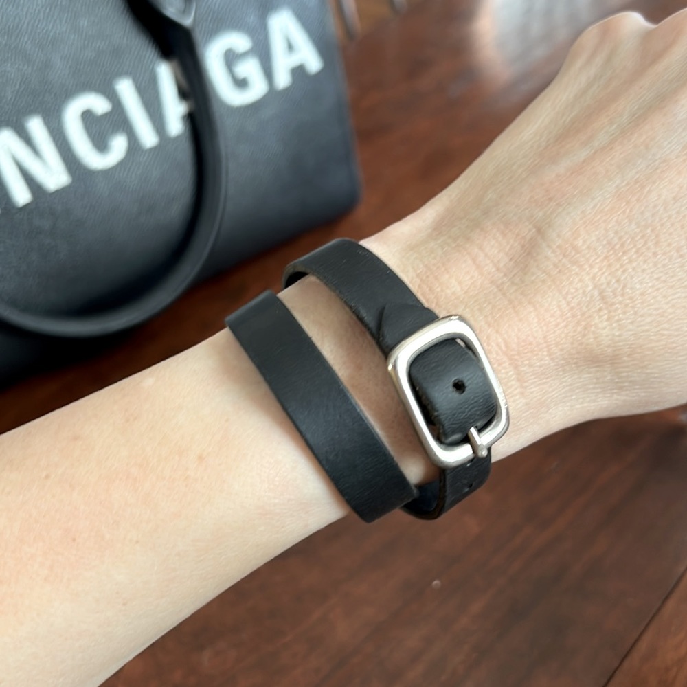 Black Leather Double Wrap Bracelet with Chrome Buckle